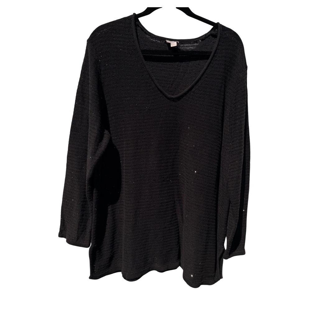 J. Jill Womens 2X Black Sequin Knit V-Neck Sweater Long Sleeve Shimmer Top
